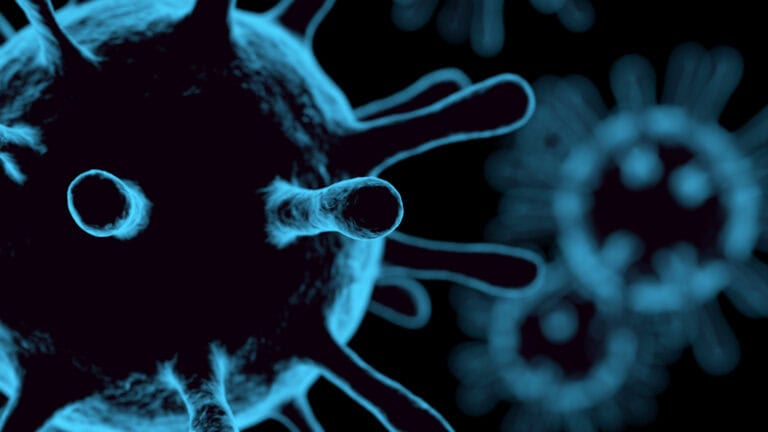 3D microscopic rendering of glowing blue virus cells with surface spike proteins on a dark background.