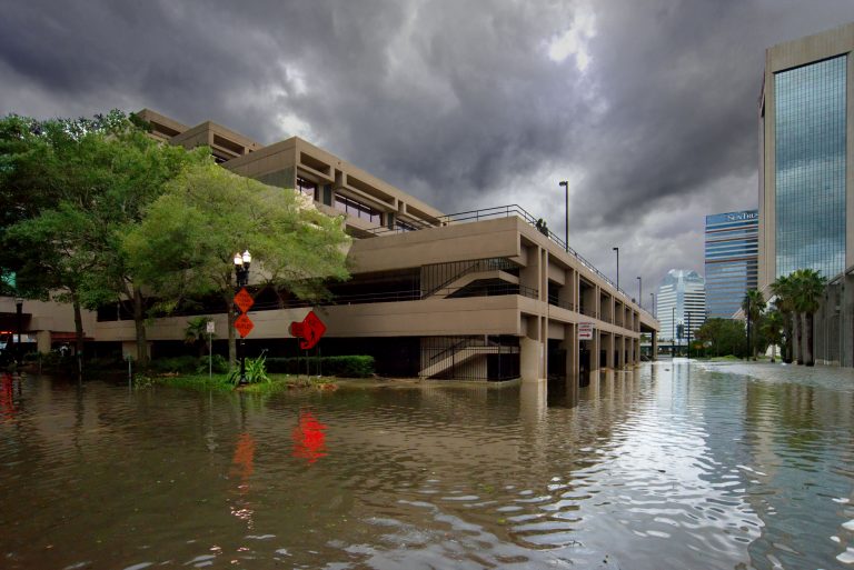 9/11/2017 photo of the flood waters engulfing a Jacksonville, FL downtown parking garage after Hurricane Irma.