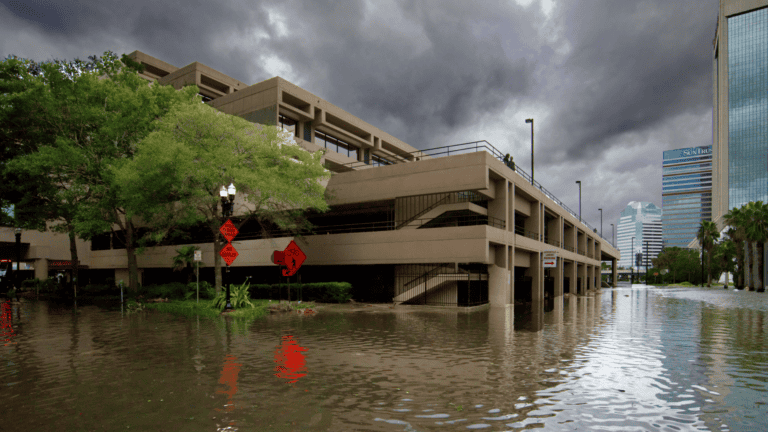 9/11/2017 photo of the flood waters engulfing a Jacksonville, FL downtown parking garage after Hurricane Irma.