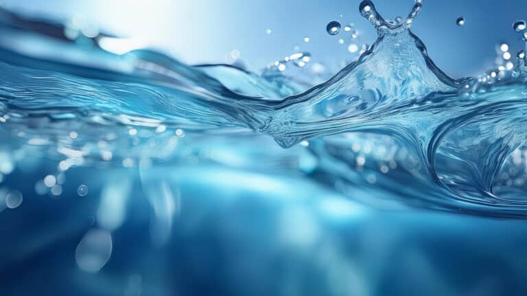 Close-up view of clear blue water splashing with surface ripples, floating droplets, and bright light reflections.