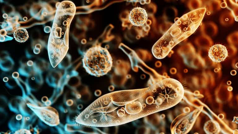 Depicting various microorganisms in color, likely protozoa or bacteria, as seen under a microscope
