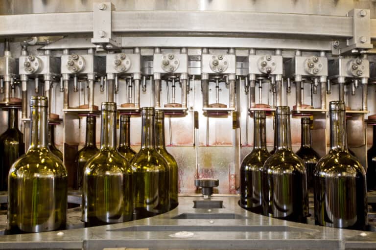 Automatic bottle filling machine with multiple empty bottles on a conveyor belt, ready for filling