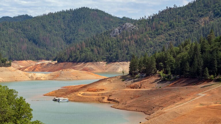 California's Shasta Lake, showcasing significantly low water levels, likely a result of drought conditions, cropped.