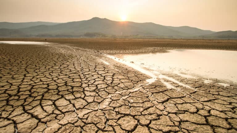 Dry, cracked earth of a dried lakebed during a drought next to a small pool of water, with mountains under a setting sun.