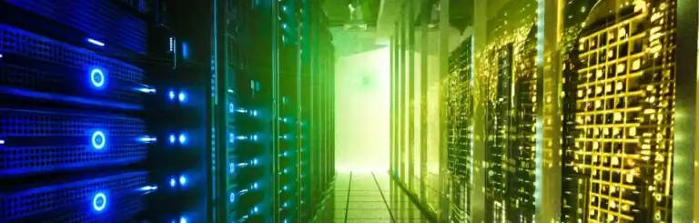 An data center interior photo, shows an aisle between rows of tall server racks, stylized blue and sepia color tone.