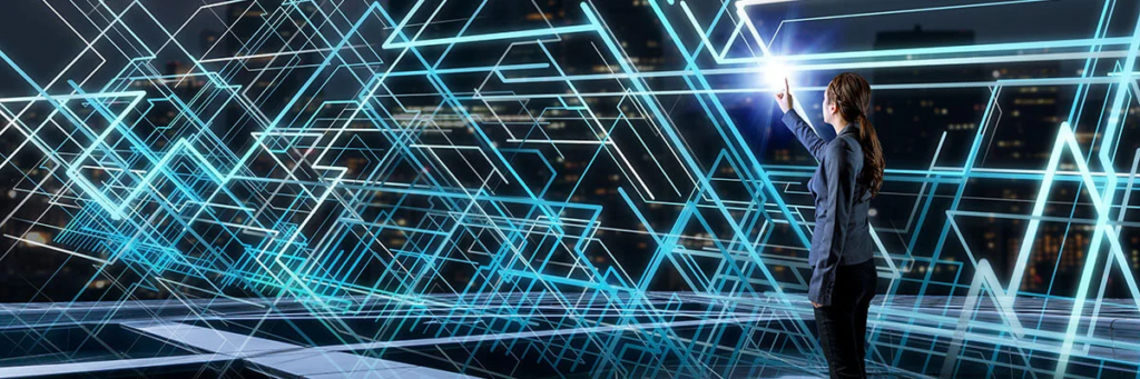 A woman interacts with a glowing, futuristic digital network overlay, representing technology or data visualization.