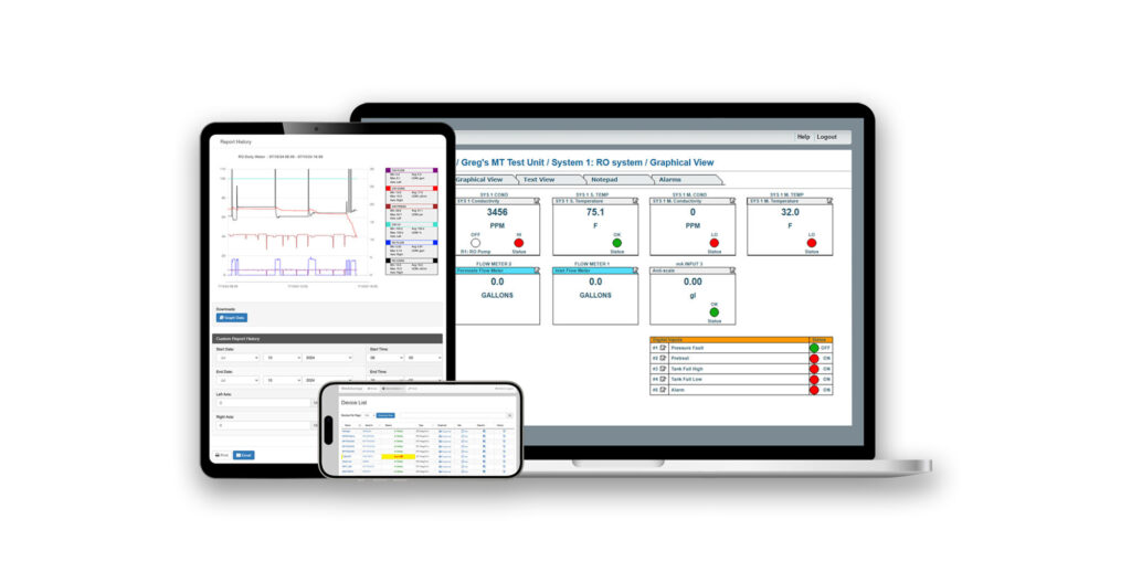 photoplaceholder Laptop, tablet, and smartphone displaying facility monitoring data, reports, and diagrams on their screens.