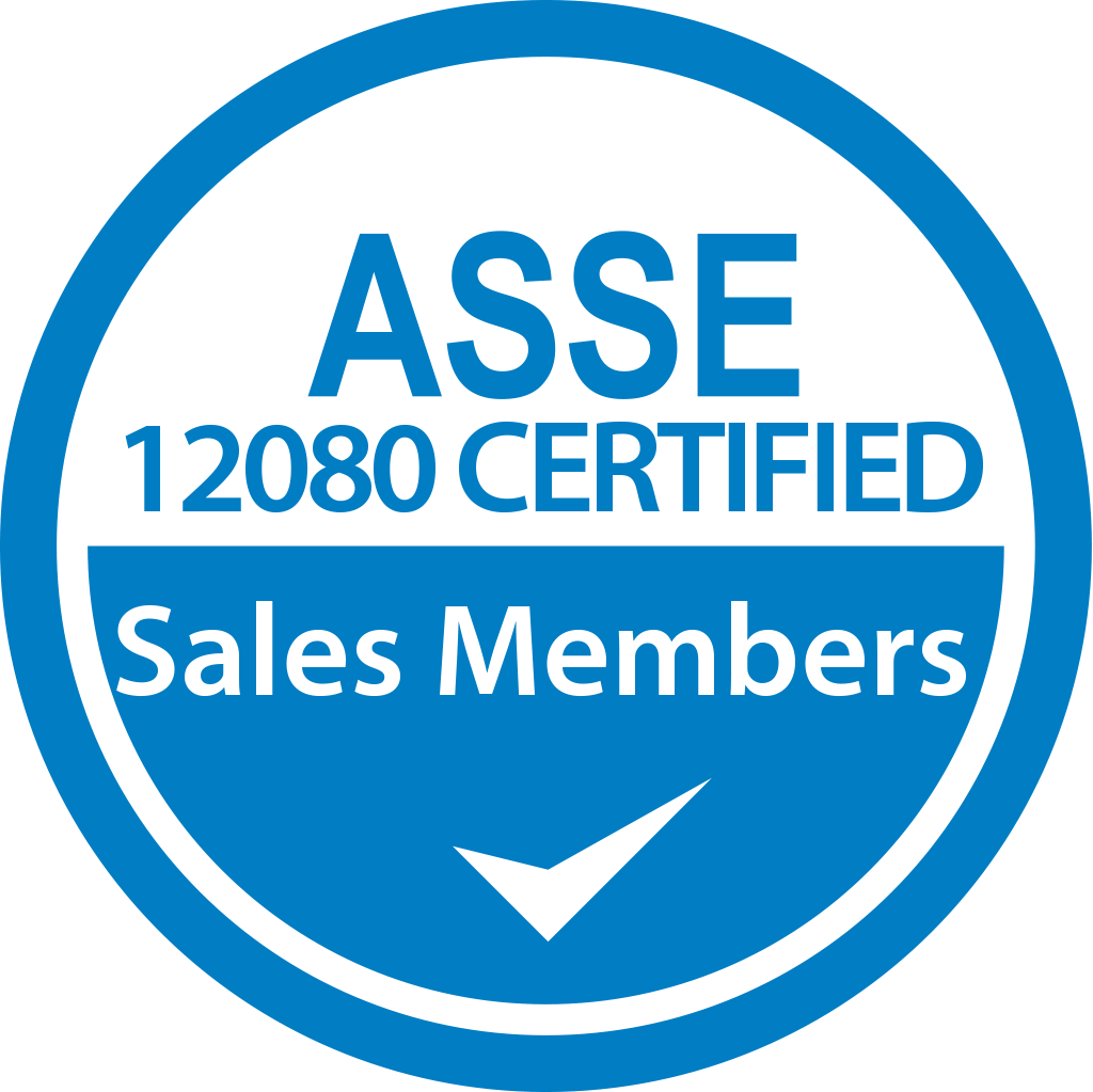A blue, circular-shaped icon with text ASSE 12080 certified professional sales members.