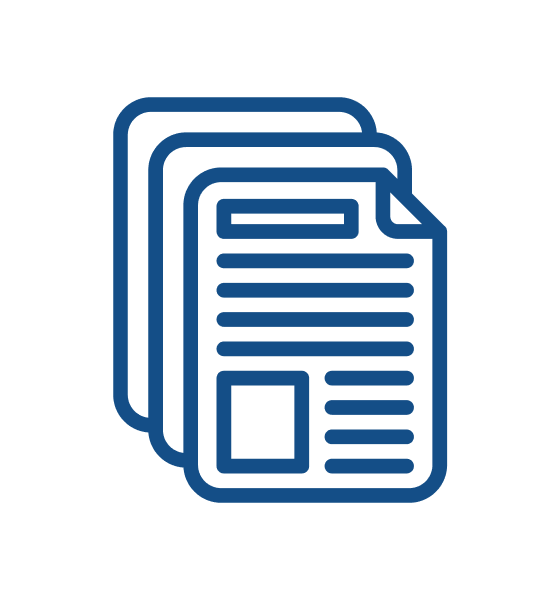 Outline icon showing three stacked documents or papers, symbolizing files, reports, or data.